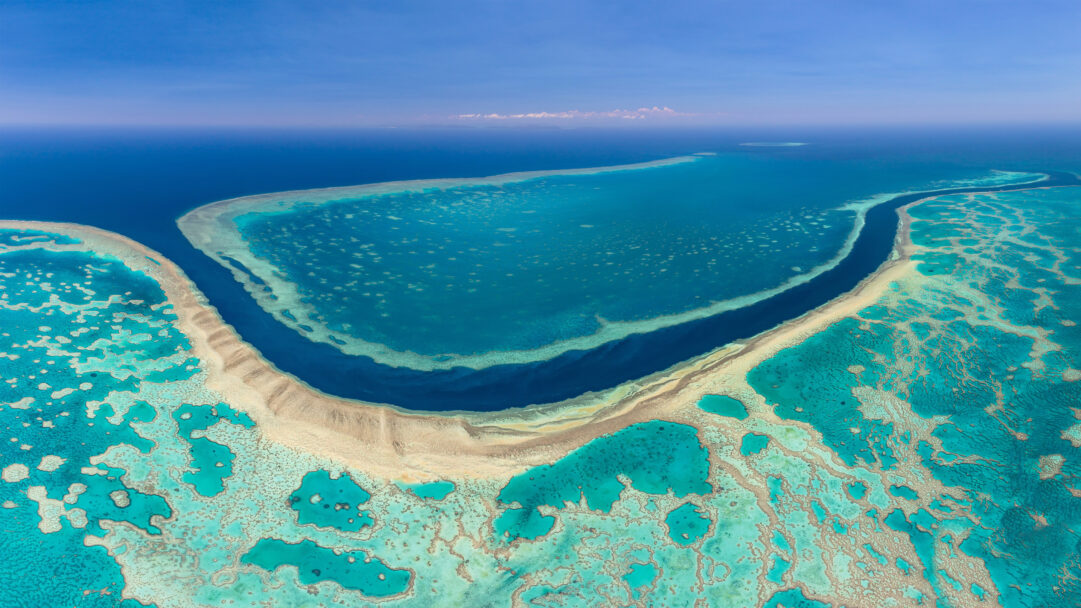 A breathtaking 4K wallpaper showcasing the sprawling, intricate coral ecosystems of Australia's Great Barrier Reef from a high aerial perspective. Deep ocean blues seamlessly transition into mesmerizing patterns of vibrant turquoise and emerald shallows, revealing the immense and delicate reef structures under a brilliant sky.