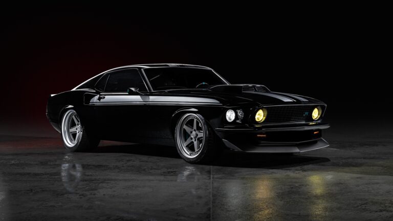 An iconic 4K wallpaper showcasing a black classic Ford Mustang muscle car, parked on a gleaming wet dark floor against a subtly lit dark background. Its sleek, glossy body reflects the ambient light, while the glowing yellow headlights pierce through the darkness, emphasizing its potent and mysterious presence.