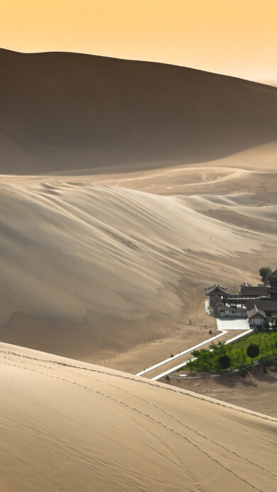 A breathtaking 4K wallpaper captures the iconic Crescent Lake and its traditional Chinese buildings, a thriving desert oasis nestled within the vast, golden sand dunes of Dunhuang, Gansu, China, with tiny figures traversing the slopes. The luminous crescent-shaped lake and lush green vegetation dramatically contrast with the sweeping beige dunes, all bathed in the soft, warm glow of the sky, creating a serene and awe-inspiring landscape.