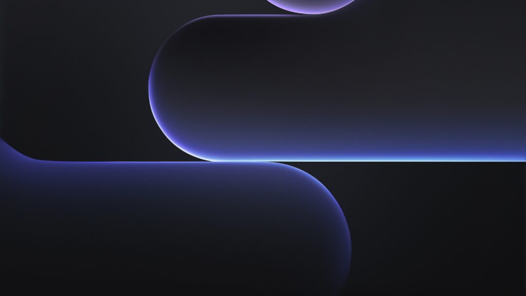 A mesmerizing 4K wallpaper presents dark, abstract shapes subtly illuminated by purple and blue glows within a deep, shadowy space. A vivid horizontal line of bright blue light pierces the composition, harmonizing with the soft, curved edges of the abstract forms that shimmer with a more muted purple luminescence, creating a profound and calm mood.