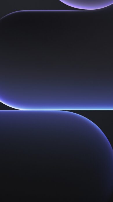 A mesmerizing 4K wallpaper presents dark, abstract shapes subtly illuminated by purple and blue glows within a deep, shadowy space. A vivid horizontal line of bright blue light pierces the composition, harmonizing with the soft, curved edges of the abstract forms that shimmer with a more muted purple luminescence, creating a profound and calm mood.