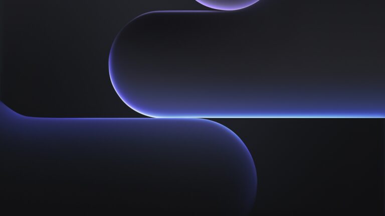 A mesmerizing 4K wallpaper presents dark, abstract shapes subtly illuminated by purple and blue glows within a deep, shadowy space. A vivid horizontal line of bright blue light pierces the composition, harmonizing with the soft, curved edges of the abstract forms that shimmer with a more muted purple luminescence, creating a profound and calm mood.