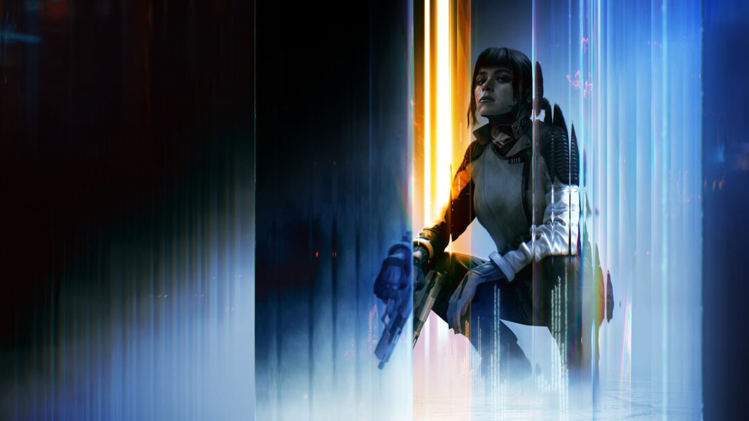 An intense 4K wallpaper presenting Emma Kagan from Call of Duty Black Ops 7, crouched and holding a pistol in a dark, futuristic digital environment. Vivid vertical streaks of glowing orange and cool blue light create a high-contrast, data-rich atmosphere around her, emphasizing the futuristic digital art aesthetic.