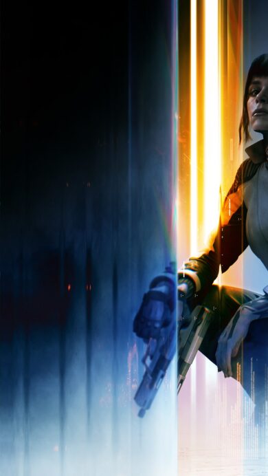 An intense 4K wallpaper presenting Emma Kagan from Call of Duty Black Ops 7, crouched and holding a pistol in a dark, futuristic digital environment. Vivid vertical streaks of glowing orange and cool blue light create a high-contrast, data-rich atmosphere around her, emphasizing the futuristic digital art aesthetic.