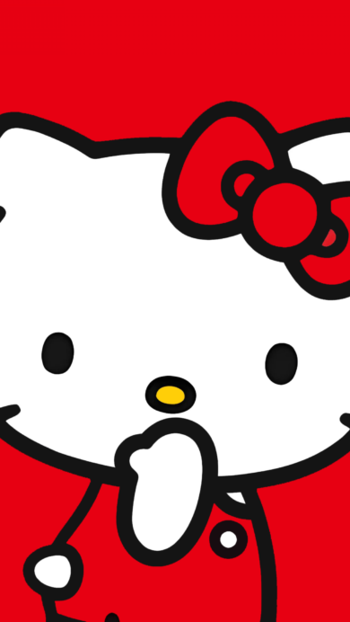 A captivating 4K wallpaper features the iconic Hello Kitty character set against a vibrant, solid red background. Her classic white form, complete with a signature red bow, holds a hand to her chin in a shy or contemplative pose, creating a striking and cheerful display.