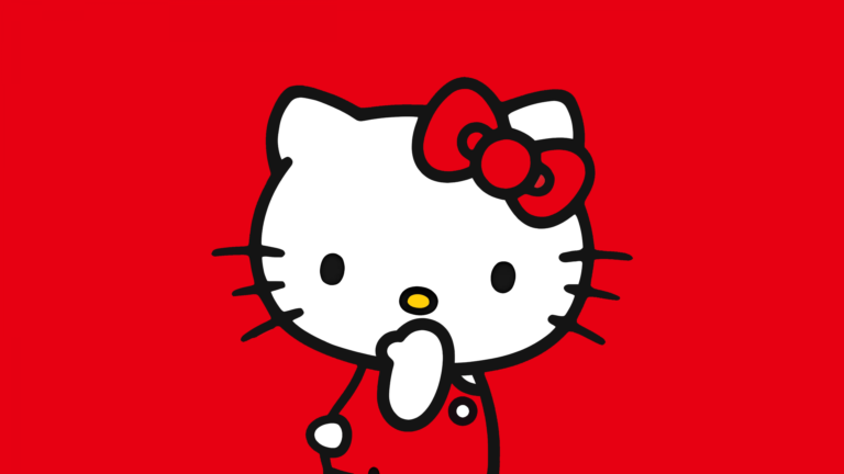 A captivating 4K wallpaper features the iconic Hello Kitty character set against a vibrant, solid red background. Her classic white form, complete with a signature red bow, holds a hand to her chin in a shy or contemplative pose, creating a striking and cheerful display.