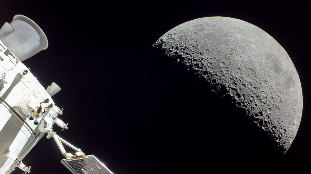 A magnificent 4K wallpaper captures the NASA Orion spacecraft during its Artemis Mission, featuring its gleaming white components and a deployed solar array against the black expanse of space. The starkly illuminated, heavily cratered crescent Moon dominates the right side, creating a breathtaking juxtaposition that underscores the profound ambition of lunar exploration.