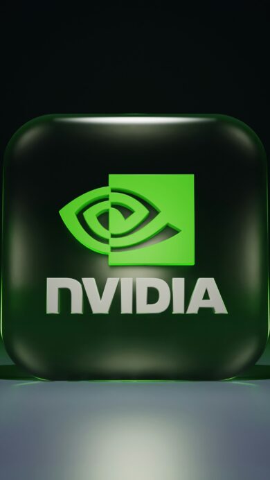 A captivating 4K wallpaper showcases a prominent 3D NVIDIA logo, featuring a dark green rounded cube with a vibrant bright green symbol and white 'NVIDIA' text, centered on a reflective surface against a deep, dark background. The vivid green elements glow subtly, creating a sleek, futuristic ambiance that permeates the minimalist scene.