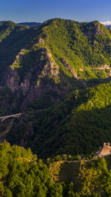 A majestic 4K wallpaper captures Poenari Castle nestled atop a rugged, tree-covered peak within the vast Făgăraș Mountains of Romania. Golden sunlight bathes the historic castle and foreground slopes, creating a dramatic interplay of light and shadow across the deep, verdant mountain landscape and distant reservoir.