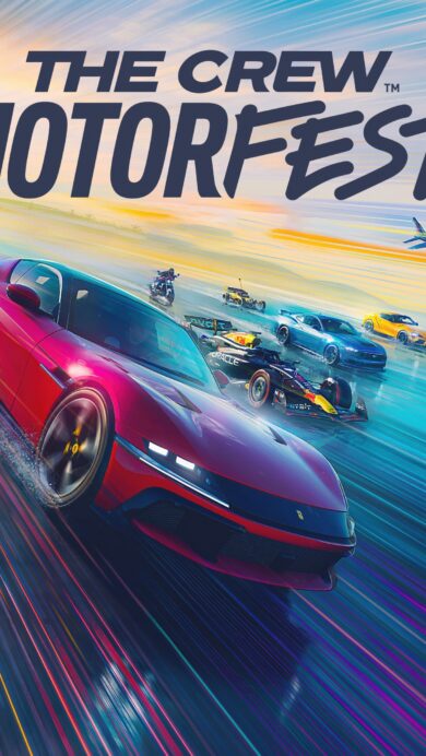 An electrifying 4K wallpaper depicting The Crew Motorfest's multi-vehicle racing, featuring a bold red sports car speeding ahead of an F1 racer, motorbike, and other cars on a vibrant, motion-blurred road. The dramatic interplay of warm sunset light and cool blue tones, streaked with intense color trails, conveys explosive speed and competitive thrill.
