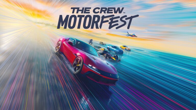 An electrifying 4K wallpaper depicting The Crew Motorfest's multi-vehicle racing, featuring a bold red sports car speeding ahead of an F1 racer, motorbike, and other cars on a vibrant, motion-blurred road. The dramatic interplay of warm sunset light and cool blue tones, streaked with intense color trails, conveys explosive speed and competitive thrill.