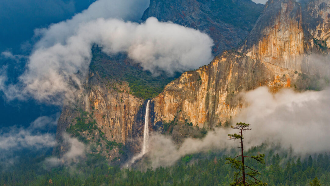 A dramatic 4K wallpaper depicts Bridalveil Fall majestically flowing down a rugged mountain amidst a dense foggy landscape in Yosemite National Park, California. Swirling clouds embrace the towering cliffs and the base of the waterfall, creating an ethereal atmosphere further enhanced by the vibrant green forest below and a solitary pine tree in the foreground.
