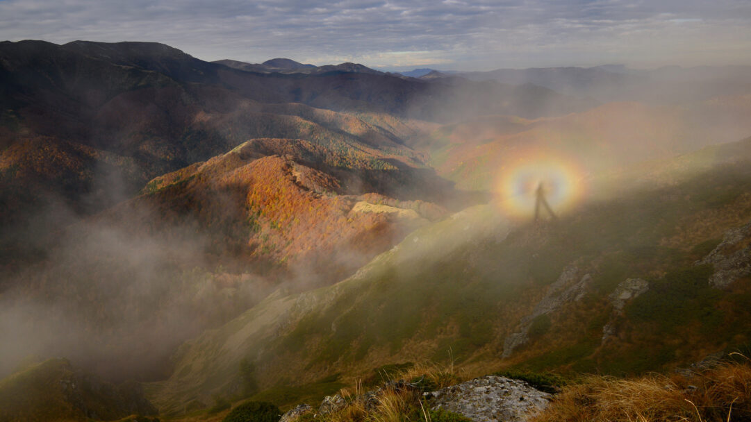 A breathtaking 4K wallpaper showcases a magnificent Brocken Spectre appearing over the vibrant autumn mountains of Central Balkan National Park, Bulgaria. The spectral silhouette, encircled by a radiant rainbow halo, dramatically emerges from the swirling mist, bathing the richly colored autumn slopes in an ethereal glow.