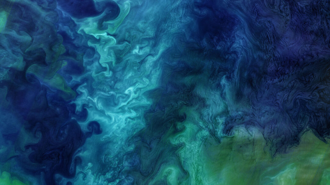 A breathtaking 4K wallpaper displays an expansive phytoplankton bloom flourishing in the Chukchi Sea off the coast of Alaska. The waters shift from dark oceanic blues to luminous turquoise and jade green, forming organic, painterly patterns that evoke the vibrant energy of marine ecosystems.