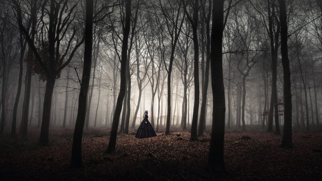 A captivating 4K wallpaper highlights a mysterious woman situated deep within the Dark Wychwood Forest, where a thick fog engulfs ancient, bare trees. Her dark, flowing attire creates a striking silhouette against the luminous, diffused light of the dense fog, enhancing the scene's profound sense of solitude and enchantment.
