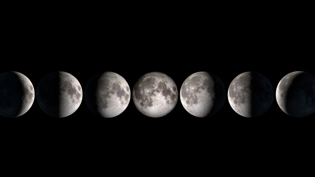 An astronomical 4K wallpaper presents a stunning composite of the Moon's complete cycle of phases, arrayed horizontally against the profound blackness of space. The dramatic interplay of light and shadow across the detailed lunar surface vividly showcases the gradual transformation, creating an awe-inspiring celestial journey.