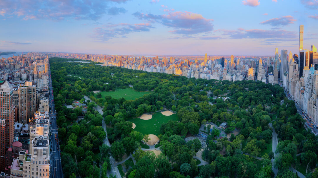 An iconic 4K wallpaper depicting Central Park in New York City from an aerial perspective, framed by the city's dense skyline. The golden light of sunset bathes the skyscraper facades, creating a warm contrast with the deep green of the park and the soft, colorful hues of the twilight sky.