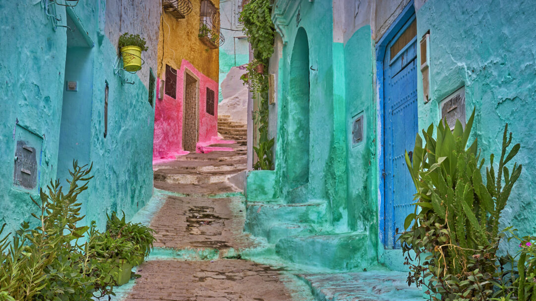 A vibrant 4K wallpaper showcasing a colorful painted alley featuring prominent blue and pink walls, winding stone steps, and lush green plants. The charming interplay of bright turquoise, azure, and magenta hues on the textured plaster walls, contrasted with verdant foliage, creates an inviting and serene atmosphere.