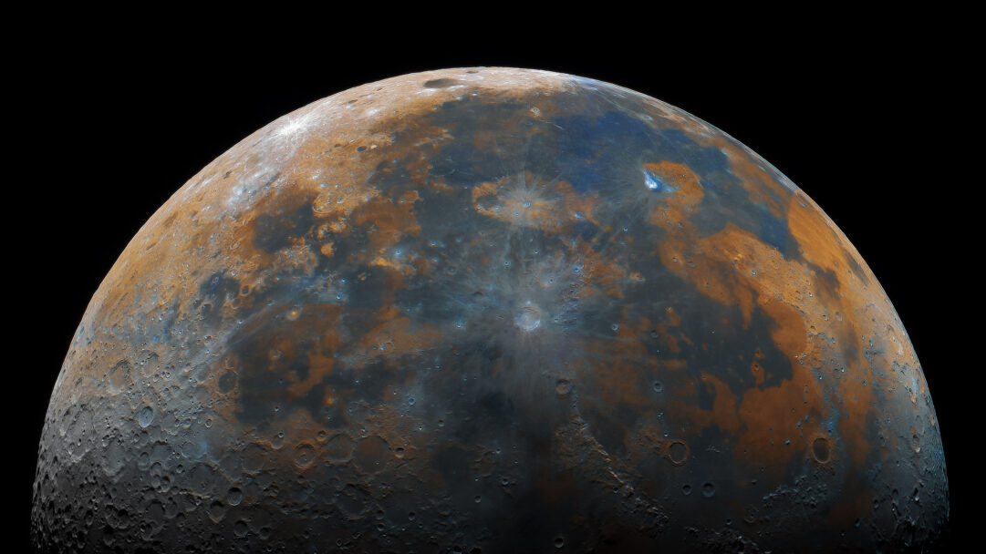 A vivid 4K wallpaper showcasing the detailed surface of the Moon, bathed in striking orange and blue hues against the black void of space. Its rugged terrain is intricately textured with countless craters, where rich rusty oranges blend dramatically with deep, shadowy blues, creating an otherworldly and immersive panorama.