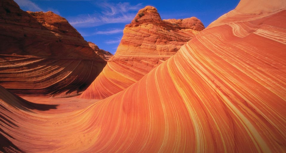 An awe-inspiring 4K wallpaper captures the iconic 'The Wave' sandstone formation winding through the arid landscape of Coyote Buttes. Its undulating layers display vibrant hues of orange, red, and yellow, creating a mesmerizing interplay of light and shadow under a brilliant blue sky.