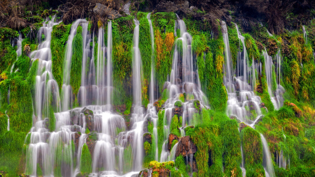 A captivating 4K wallpaper displaying the Thousand Springs State Park Waterfalls in Hagerman Valley, Idaho, where countless streams cascade down a verdant cliff. The long exposure creates silky white ribbons of water that weave through the lush, emerald-green vegetation, evoking a sense of refreshing abundance.