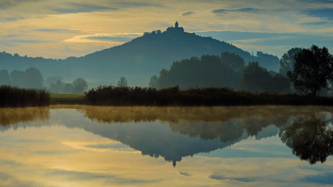 A serene 4K wallpaper captures Wachsenburg Castle in Erfurt, Germany, silhouetted atop a misty hill during a foggy morning, overlooking a calm lake. The castle's outline and the golden hues of the dawn sky are perfectly mirrored on the still lake, creating a tranquil and dreamlike atmosphere.