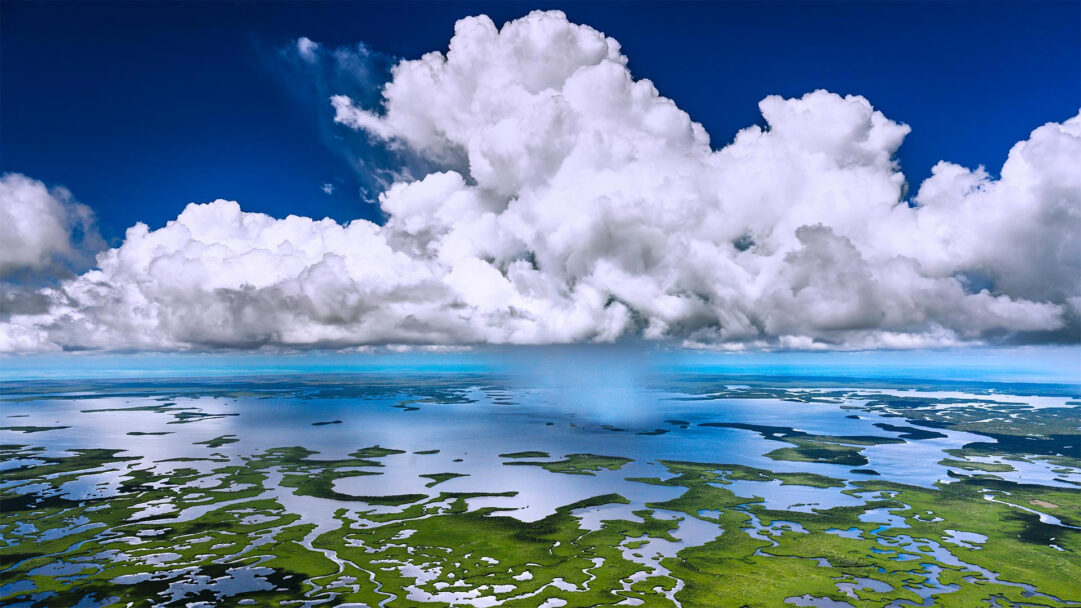 A breathtaking 4K wallpaper presenting an aerial view of the Everglades National Park in Florida. Towering white cumulus clouds float across a vivid blue sky, with a visible rainfall column descending over the intricate mosaic of green marshlands and reflective water below.
