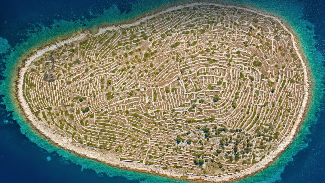 A mesmerizing 4K wallpaper showcasing Bavljenac Island, Croatia, from an aerial perspective, with its surface entirely covered by intricate dry stone walls. These ancient walls form a striking fingerprint-like pattern, contrasting with patches of green vegetation and surrounded by the deep turquoise and blue waters of the Adriatic Sea.
