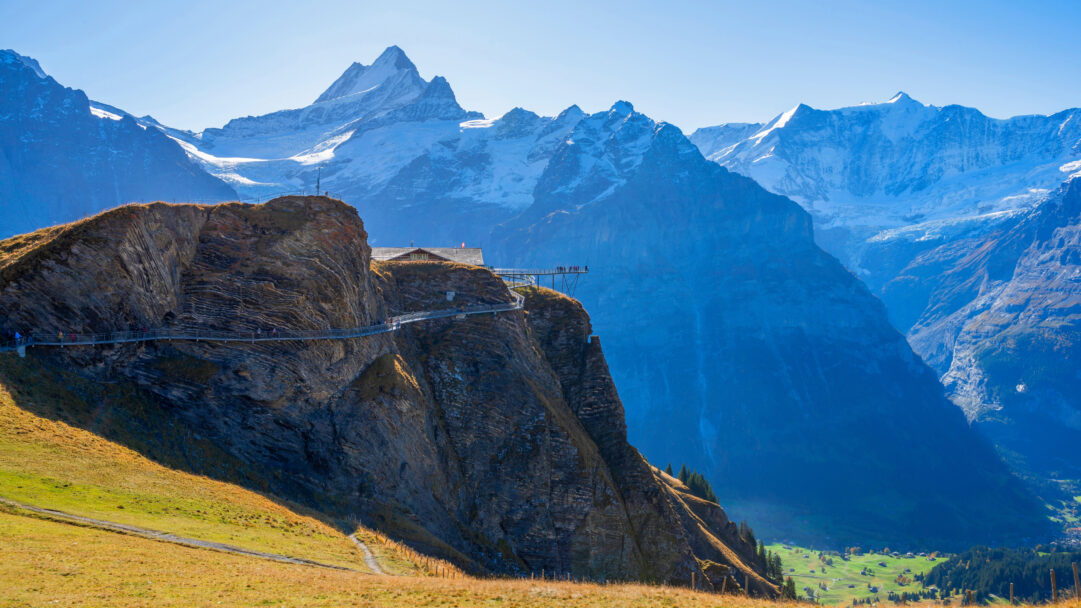 A breathtaking 4K wallpaper captures the First Cliff Walk in Grindelwald, Switzerland, winding along a rugged alpine mountainside. Sunlight dramatically illuminates the golden-brown cliff face and the modern metal walkway, offering spectacular panoramic views towards the distant, majestic snow-capped peaks under a brilliant blue sky.