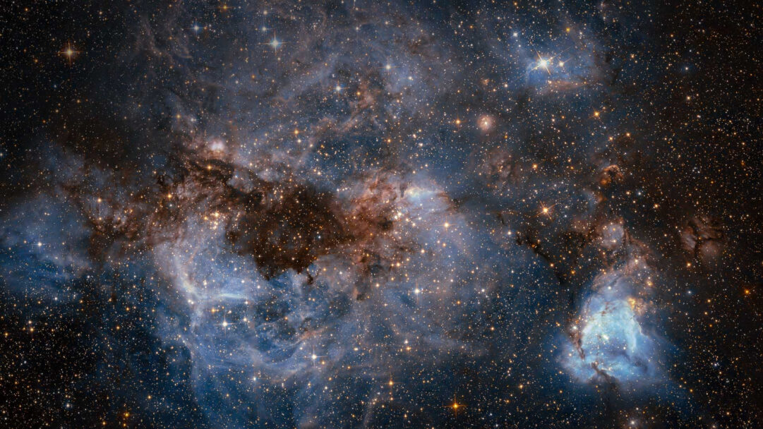 An awe-inspiring 4K wallpaper illustrates the sprawling cosmic tapestry of stars and nebulae within the Large Magellanic Cloud. Bright blue emission nebulae intertwine with dark reddish-brown dust lanes, creating a vibrant, dynamic portrait of stellar creation and immense galactic beauty.