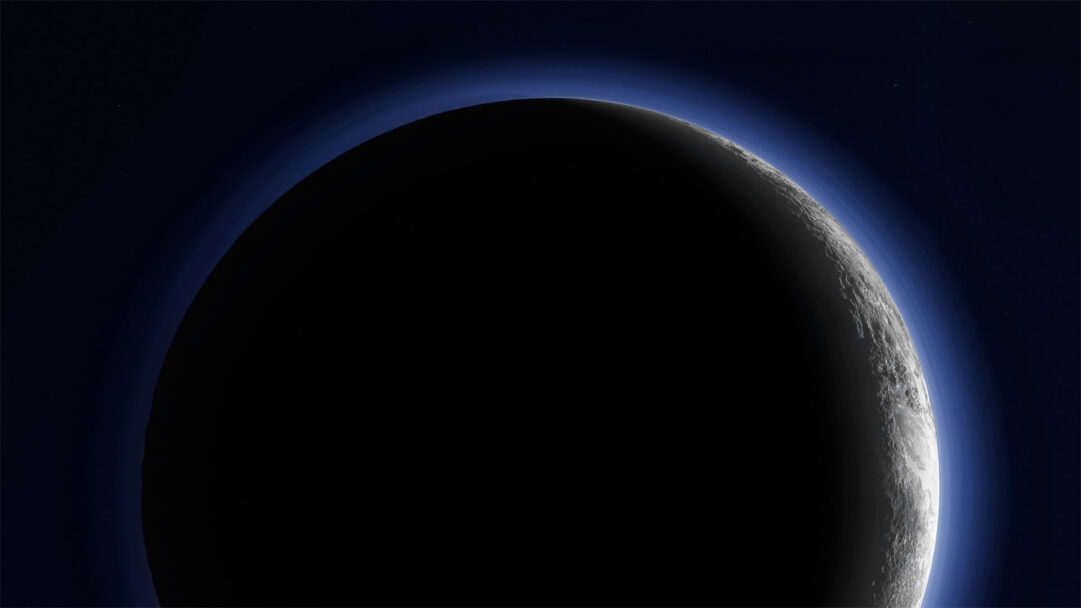A majestic 4K wallpaper showcases Pluto as a dramatic crescent, viewed from the New Horizons spacecraft against the deep expanse of space. Its dark, unlit hemisphere contrasts sharply with the vibrant, layered blue atmosphere hugging the illuminated crescent edge, creating a sense of profound beauty and mystery.
