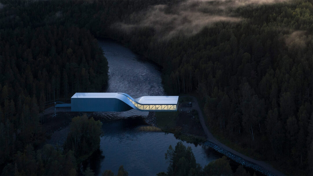 An architectural marvel 4K wallpaper showcasing The Twist Bridge, a multipurpose walkway gracefully spanning the Randselva River amidst a dark, dense forest at dusk. Its unique, twisting metallic form with warm interior lighting cuts a striking modern silhouette against the deep blues of the river and the shadowy greens of the surrounding woodland, creating a serene and sophisticated atmosphere.