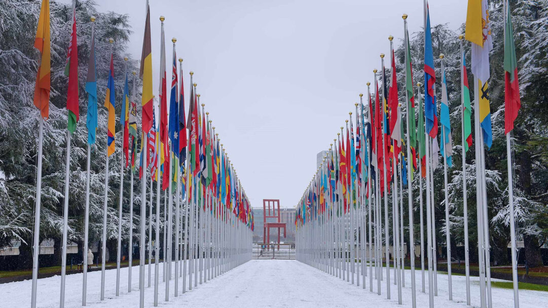 An impressive 4K wallpaper showcasing numerous international flags lining a snow-covered path at the UN Palace of Nations in Geneva, Switzerland, during winter. The vibrant array of flags provides a striking visual contrast against the pristine white landscape and muted sky, leading the eye towards the poignant red Broken Chair sculpture in the distance.